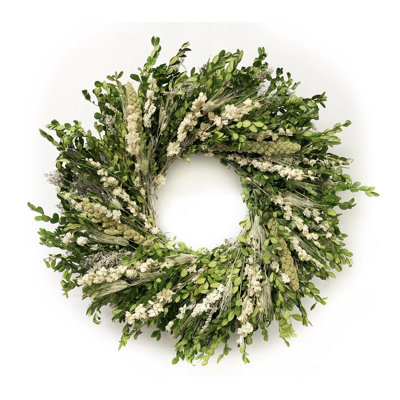 Handmade Natural Dried Flowers Boxwood, Greenery, and White Larkspur Greens and Whites Wreath