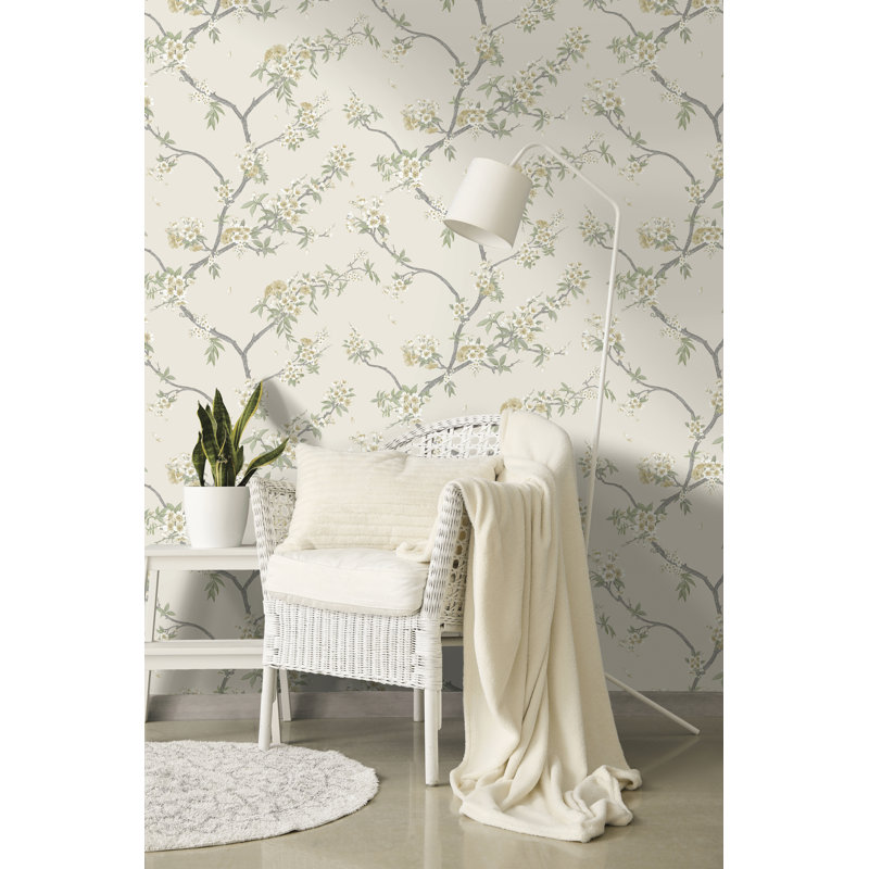 Papier peint fleurs de cerisier jaune et crème non collé, Jaune / crème