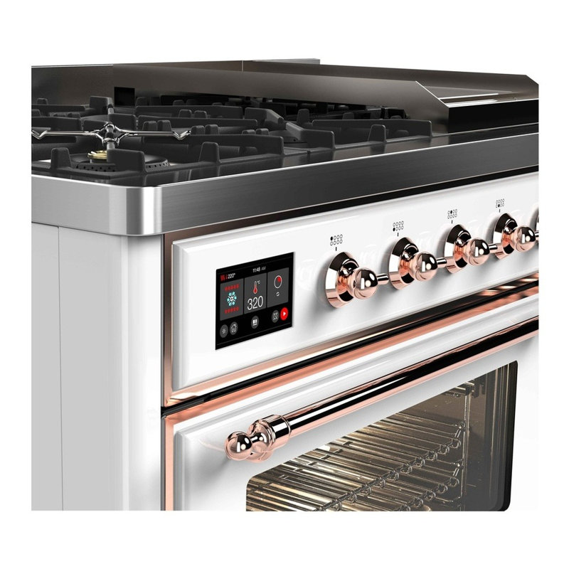 ILVE Majestic II Series 48 inch Dual Fuel Range with 8 Sealed Burners, Griddle (Glass Door), Liquid Propane, Blue Gray/Chrome
