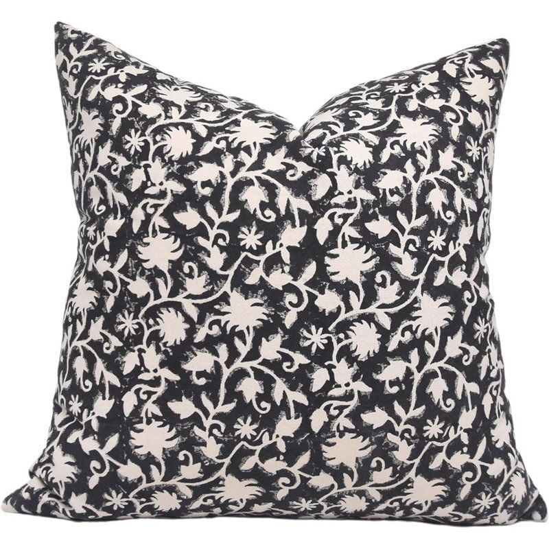 Block Print Throw Pillow Cover JALIBLKDCRectangular, 14 po x 20 po, Floral noir 1, Rectangle