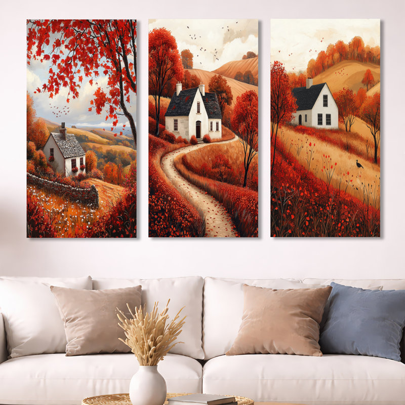 Cottage in the Autumn Hills I - campagne, ensemble de 3 reproductions d'art mural en métal, H 40 po x l 60 po