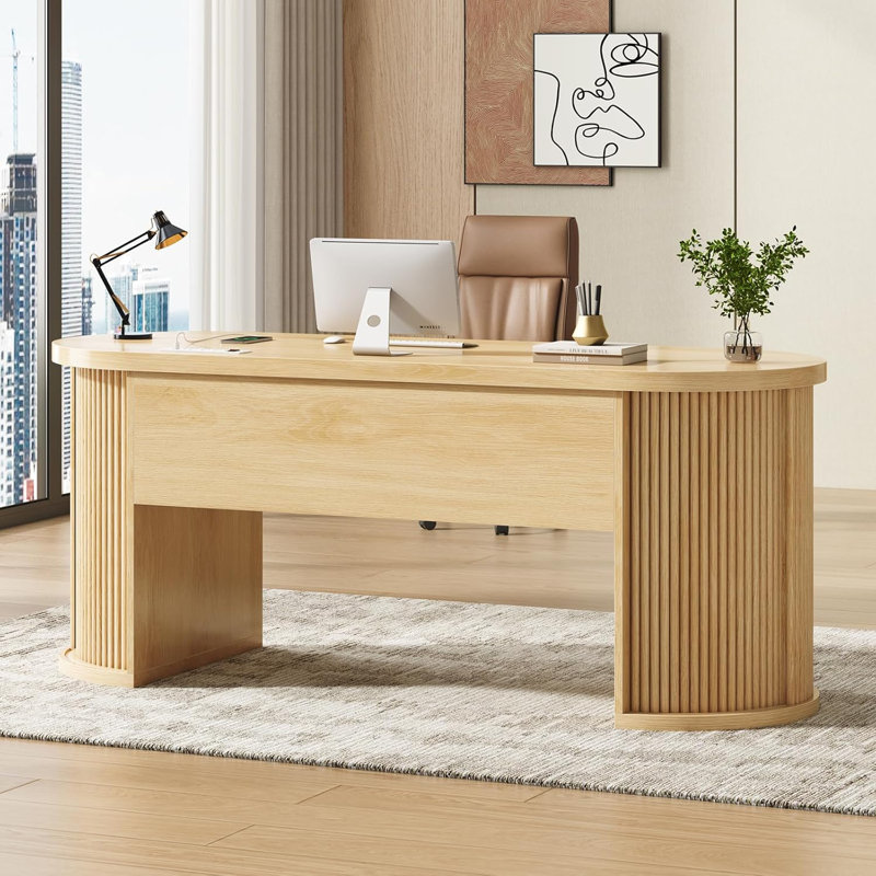 Bureau d'ordinateur de 148 cm avec tiroir, bureau en rotin avec armoire de rangement, bureau de style champêtre, Chêne