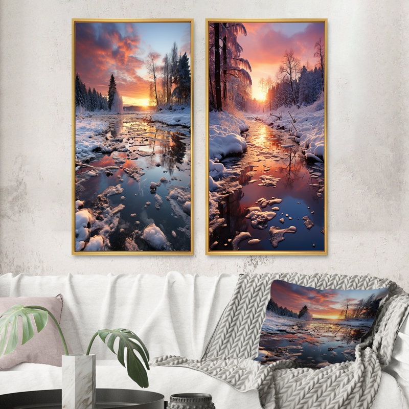 «Winter Sunset Snowfall», 2 pièces sur toile, Encadrement doré, H 20 po x l 24 po