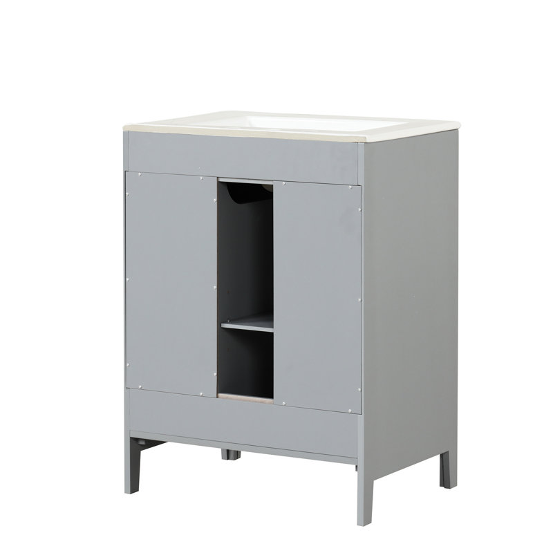 Meuble-lavabo moderne de 24 po en bois massif gris avec lavabo à deux tiroirs, tablette de rangement réglable et base 24 po