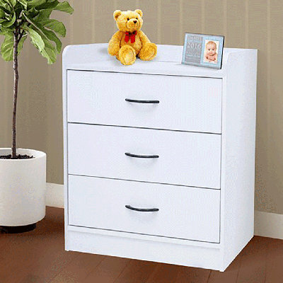 Lohan Contemporary Three Drawer Chest With Gloss Finish Metal Roller Glides Modern Storage Dresser for Bedroom Entryway Compact Clothes Organizer White Wood Design