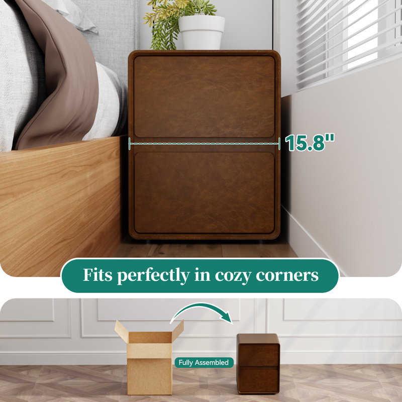 15.8" Wide Fully-Assembled Faux Leather Narrow Nightstand, Brown, Individual