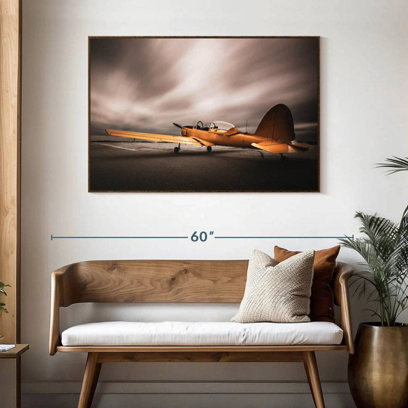 Avion jaune rétro, 46 po x 31 po, Cadre flottant noyer