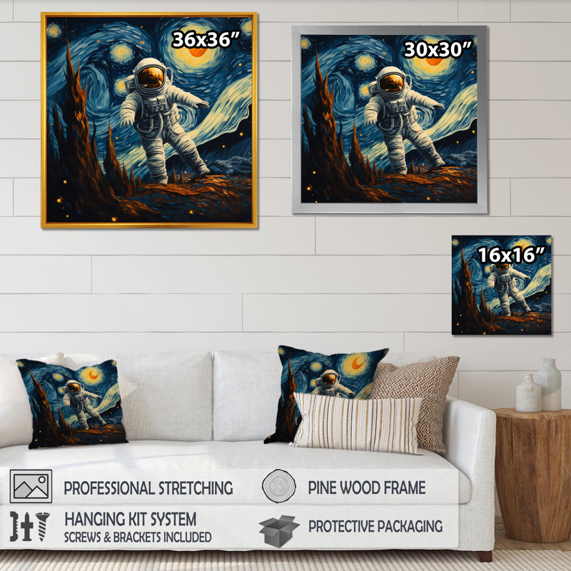 Vangogh Astronauts Through Space I - Art mural mural, Toile tendue, H 16 po x l 16 po x P 1 po