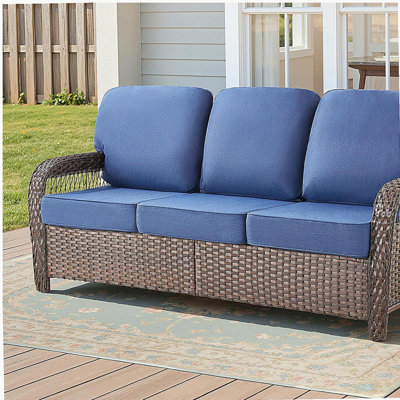 75.2" Outdoor Brown Wicker Patio Sofa with T Shape-Back Cushions and 5" Thick Foam, for Porch or Backyard, Blue