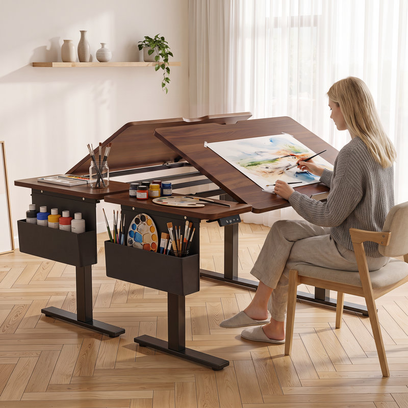 Table à dessin électrique à hauteur réglable avec plateau inclinable et rangement, 47*27.5 Inch, Walnut