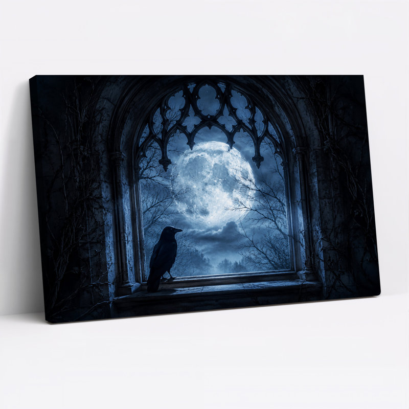 Toile noire sur fond de fenêtre arquée gothique regardant Halloween, H 32 po x l 48 po