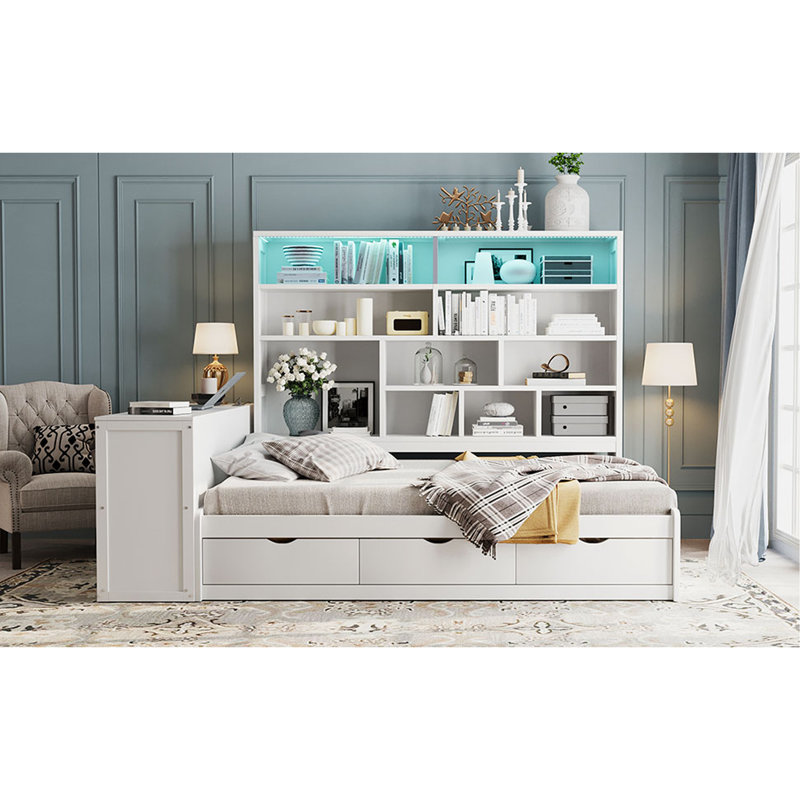 Lit de jour en bois avec trois tiroirs, bureau, tablettes et lumières UnaNoxa, Blanc