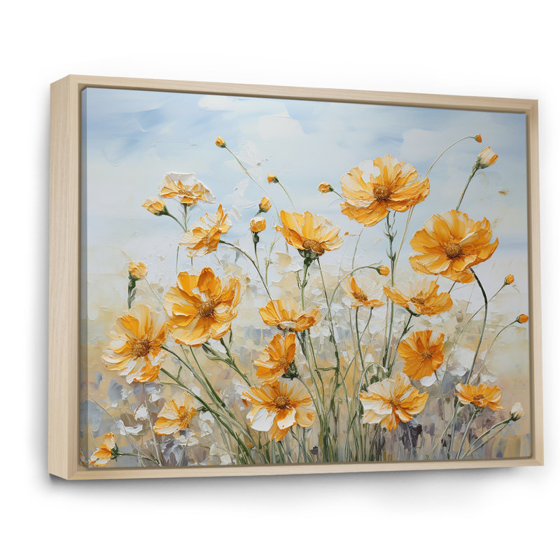 Charme de souci jaune discret II sur toile, Cadre naturel flottant, H 34 po x l 44 po x P 1,5 po