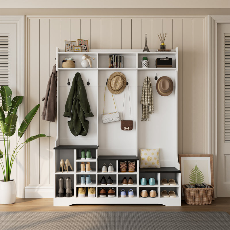Portemanteau avec rangement pour chaussures, banc d'entrée avec portemanteau, 16 casiers à chaussures et 10 crochets à manteaux, étagère de rangement autoportante avec compartiments pour tablette d'entrée pour entrée, blanc
