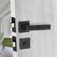 Modern Nova Premium Design Bathroom Door Handles on Square Rose in Matt Black Finish with Dead Bolt, Latch, Ball Hinges and Thumbturn
