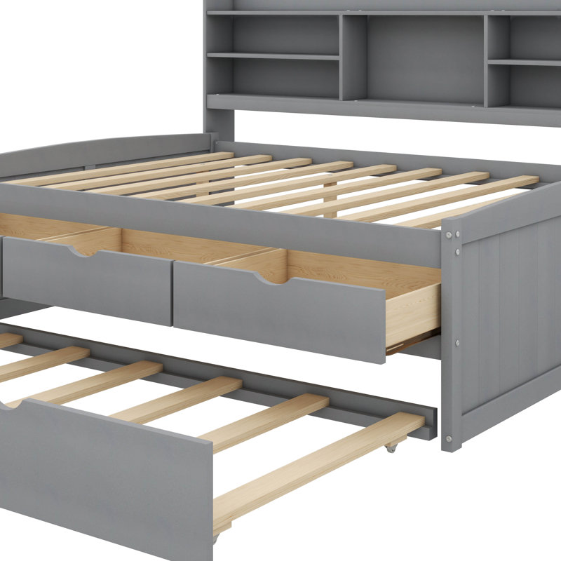 Spacious Full Wooden Captain's Bed With Integrated Bookshelves And Three Storage Drawers