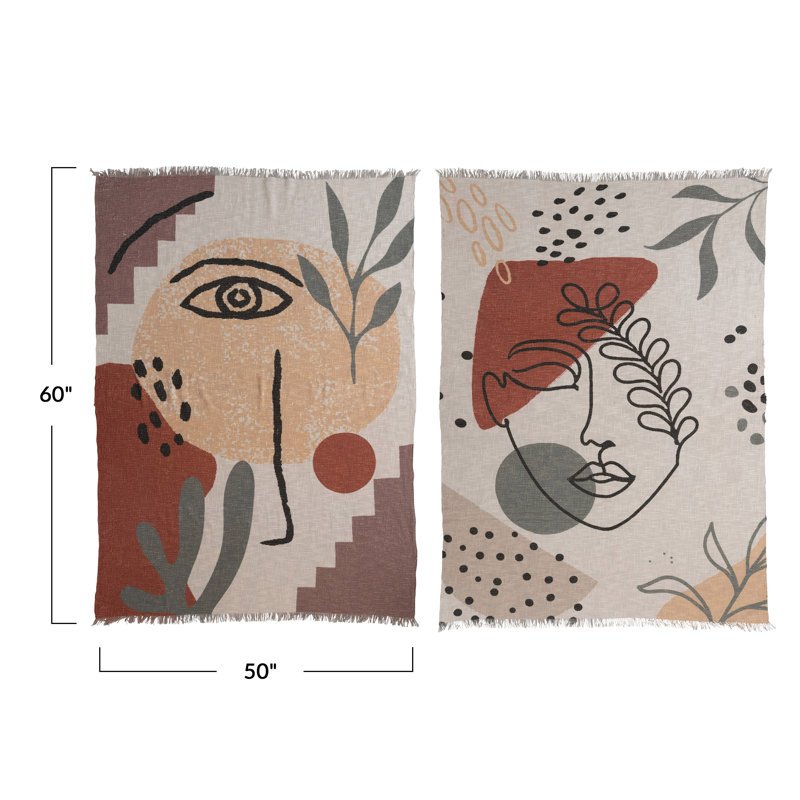 Jeté en coton à imprimé abstrait avec motif abstrait, motif et frange