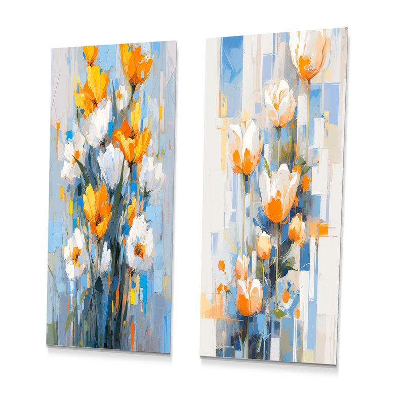 «Blue and Yellow Tulip Strip Expression» - ensemble de 2 reproductions d'art en métal, H 28 po x l 24 po