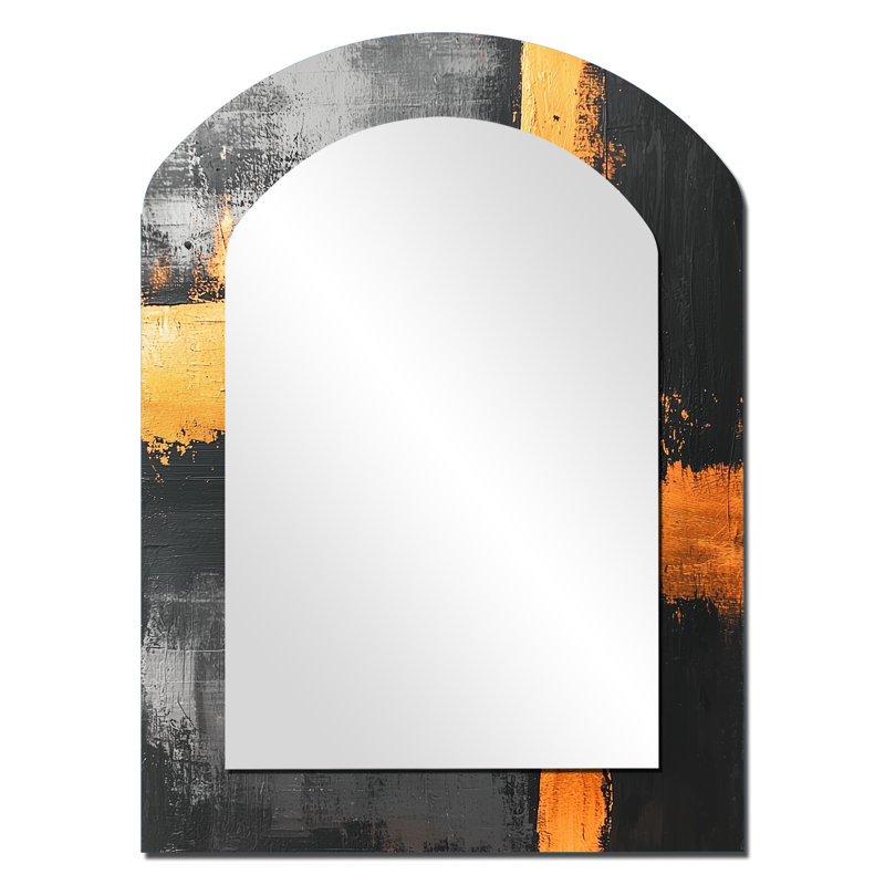 Black And Gold Converge Dream I - Line Art Arch Decorative Mirror, Modern Asymmetrical Wall Mirror, Printed Metal Art