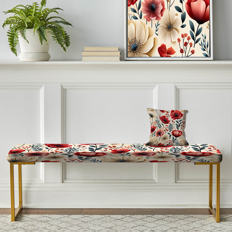 Floral Upholstered Gold Bench, Watercolor Poppies Red And White Floral