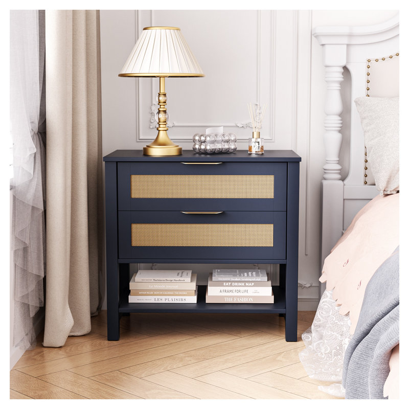 Table de chevet Boho bleu marine en rotin avec 2 tiroirs et tablette ouverte