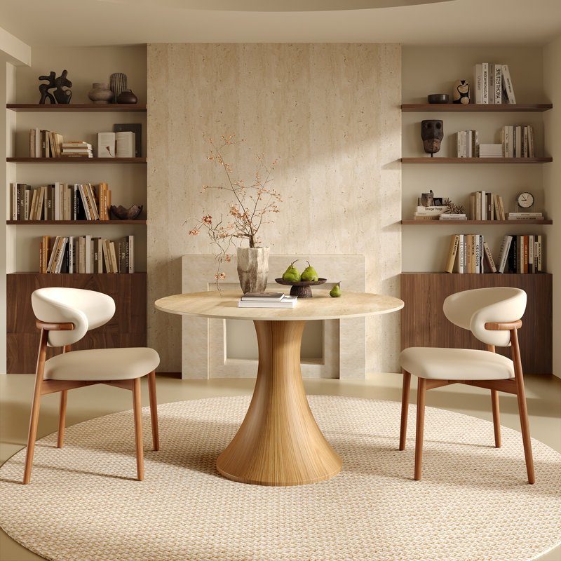 Table de salle à manger Mid-Century moderne pour 2 à 4 personnes, H 29,52 po x L 43,3 po x l 43,3 po, Travertin