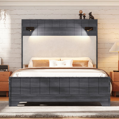 Upholstered Panel Bed Frame With Reading Lights, 57" Tall Headboard Platform Bed Mattress Frame, Under Bed Storage, No Box Spring Needed, Non-slip, Noise Free