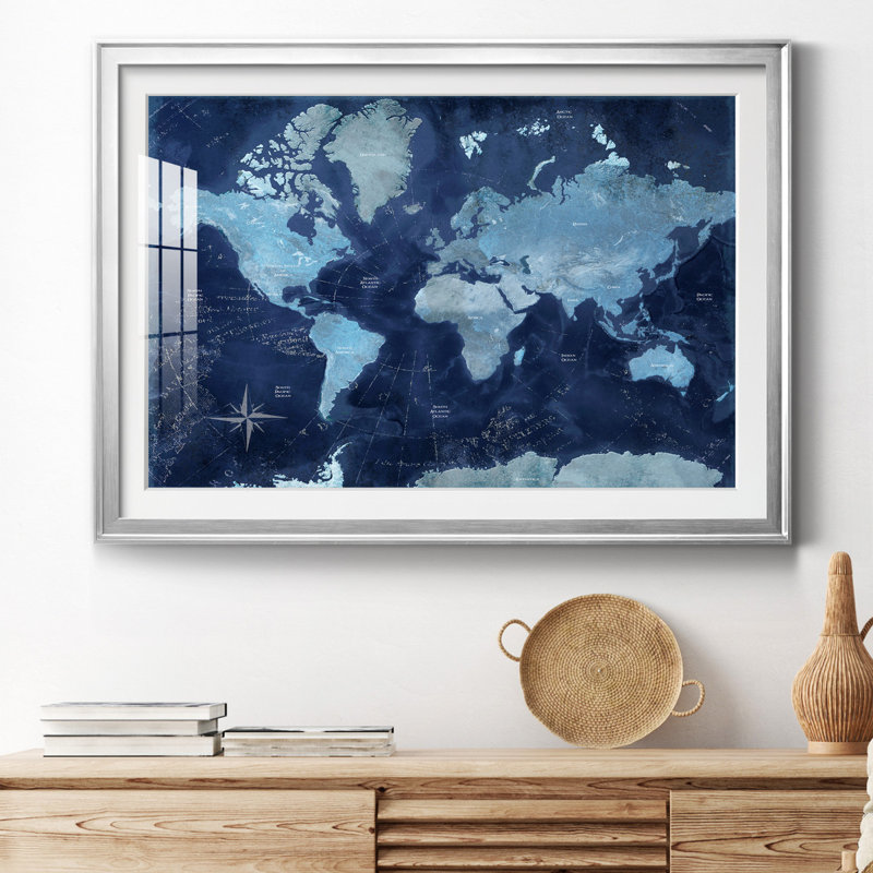 Carte du monde - impression encadrée, H 30,5 po x l 42,5 po x P 1,5 po, Papier avec cadre argenté, Blanc mat