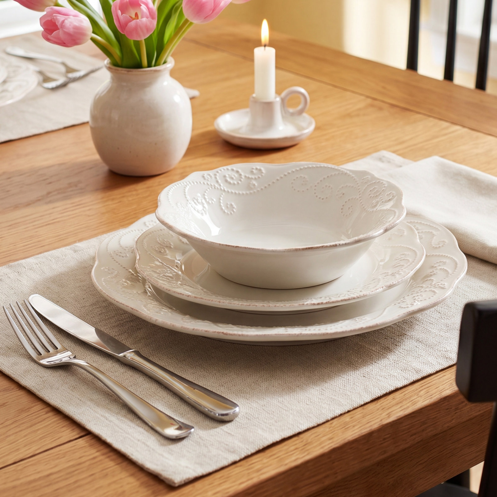 French Perle White Stoneware Dinnerware Set