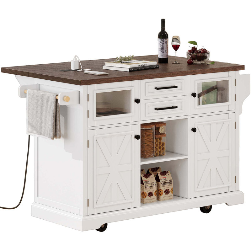 54.9" Kitchen Island With Drop Leaf, Power Outlet, Kitchen Storage Cart With 4 Door Shelves, Cross Barn Doors & Visual Glass Door, Rolling Kitchen Island On 4 Wheels For Kitchen, Dining Room,White