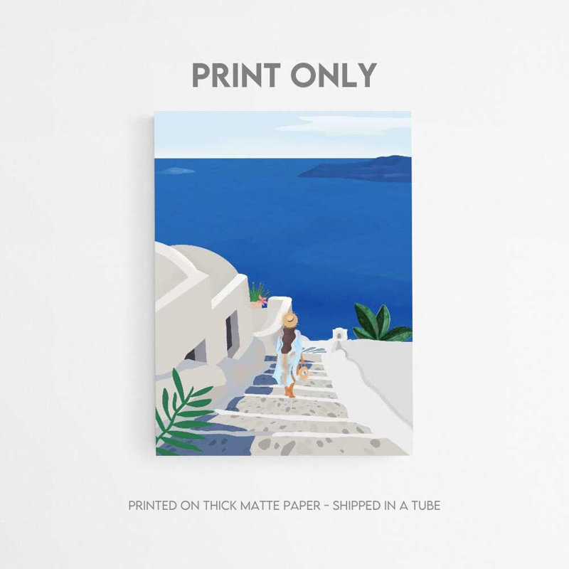 Reproduction d'art de voyage à Santorin, marches côtières bleues (formats et cadres multiples), H 32 po x l 24 po, Blanc
