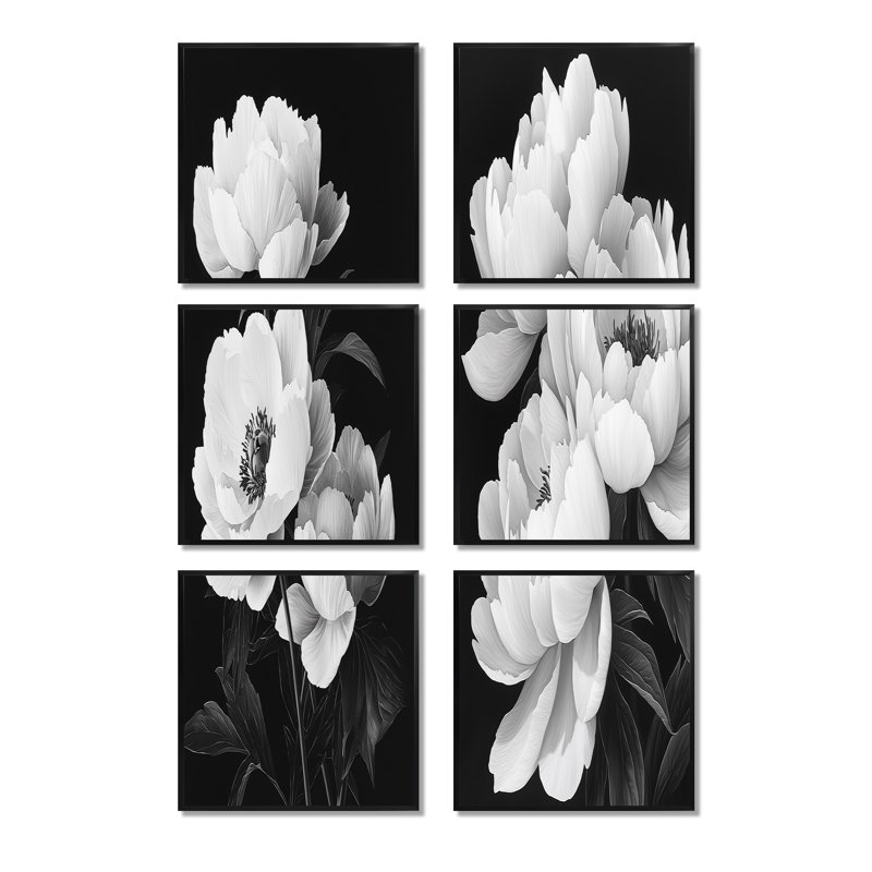 Kayannah - ensemble de 6 reproductions d'art sur toile florales, Noir, Impression encadrée sans passe-partout