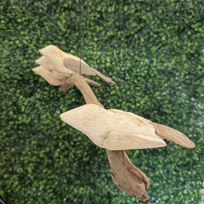Coastal driftwood and wood four-bird hanging mobile, cream, tan, and brown, 24 inches high