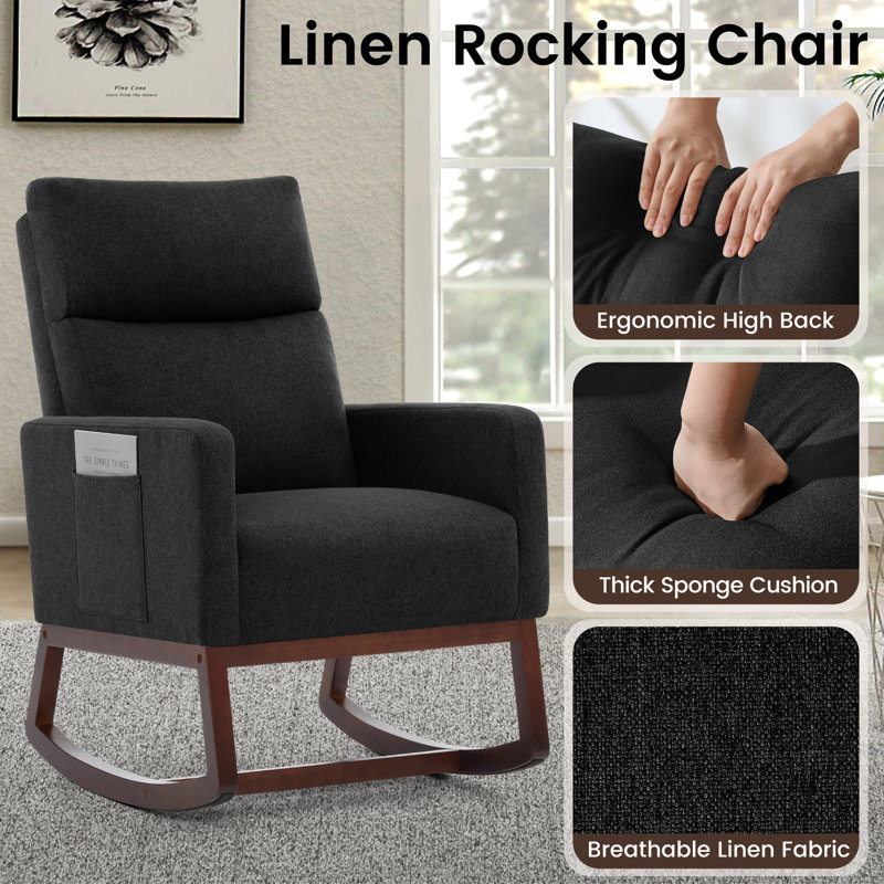 Linen Fabric+ Manufactured Wood Rocking Chair, Black, Walnut