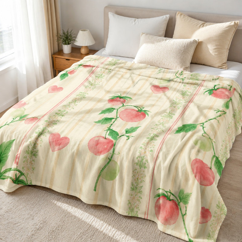 Plaid douillet en flanelle, motif cœur et vigne de tomates, doux, léger, respirant, toutes saisons, agréable pour la peau, lavable à la machine, décoratif, pour canapé, fauteuil, salon et chambre