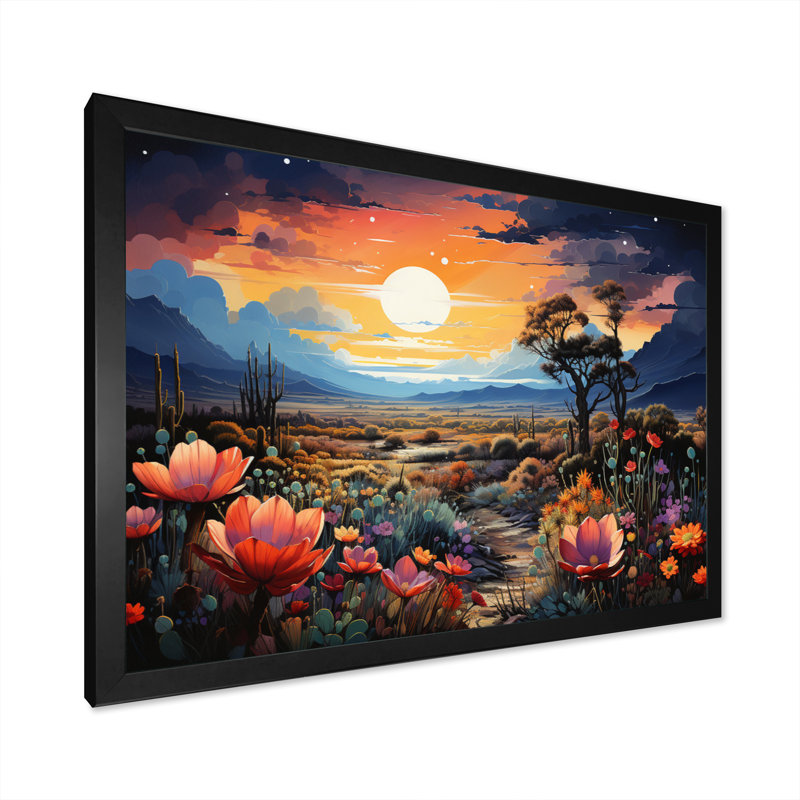 «Western Desert Serenade Pointillism Landscape I», reproduction sur toile, H 30 po x l 40 po x P 1,5 po, Cadre simple noir