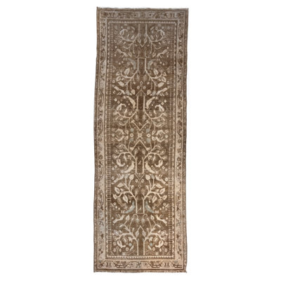 Tapis de couloir rétro noué à la main rétro taupe Malayer avec oiseaux qui volent 3 pi 7 po x 9 pi