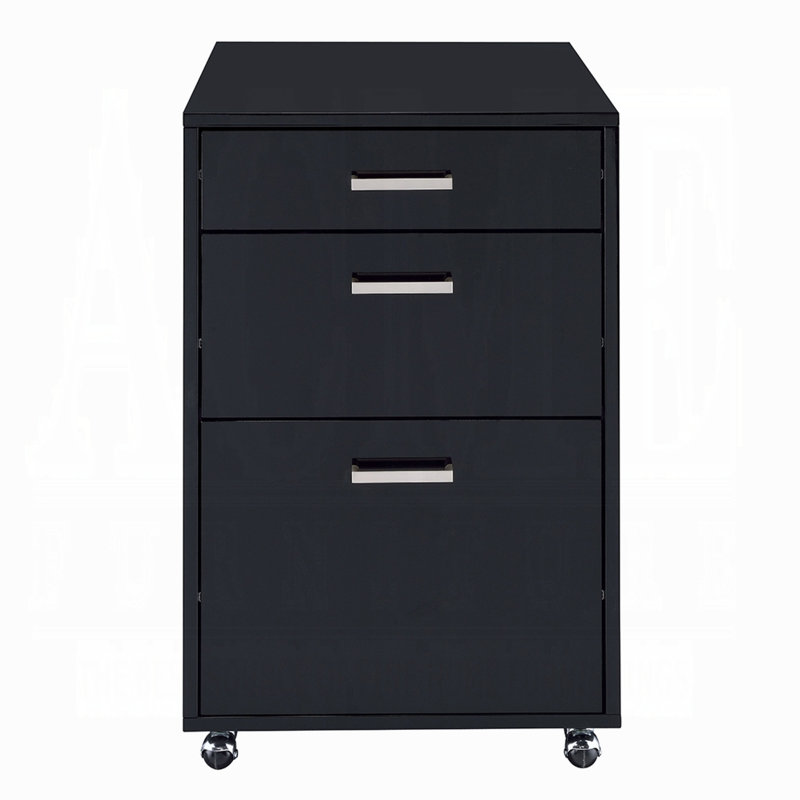 Bard File Cabinet, 3 Drawers With Chrome Metal Handles, Black High Gloss