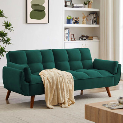 Esung75" Grid Tufted Futon Convertible Sofa Bed for Home Office, 2 Arm Pillows, Velvet