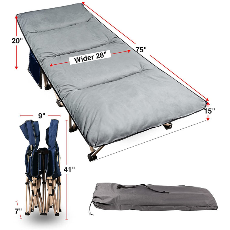 Lit de camp pliant avec surmatelas pour adultes, Bleu/Gris