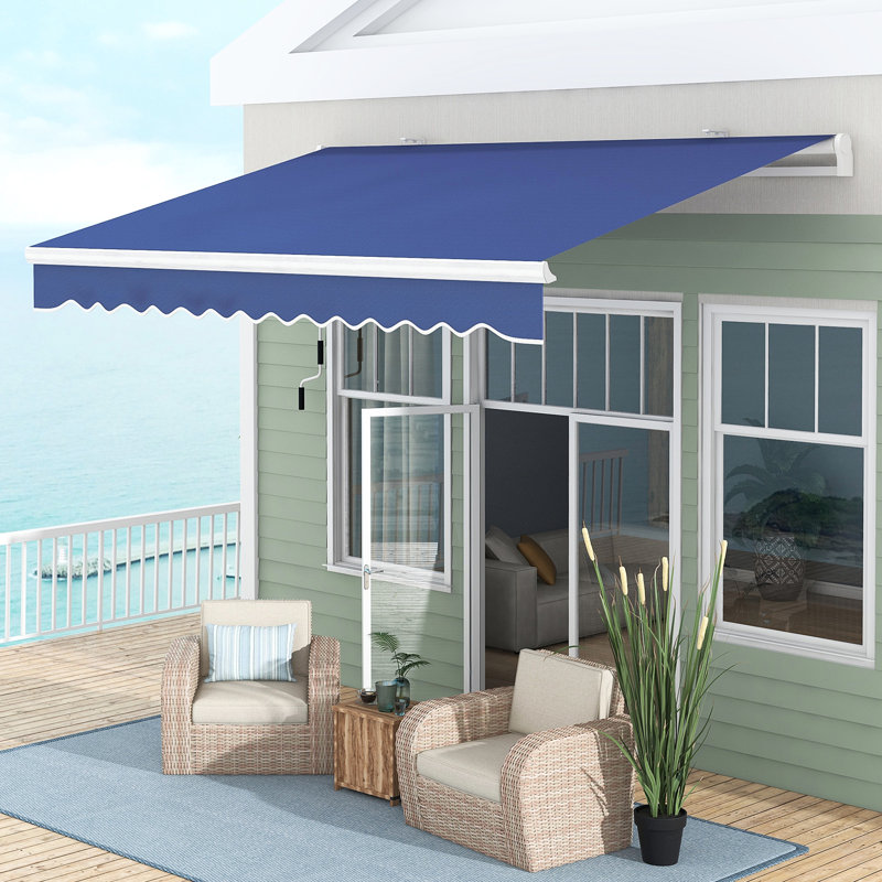 Auvent de balcon 13 'x 8' - Bleu foncé. Et eau. Manivelle manuelle. Cadre en aluminium. Terrasse, utilisation dans la cour. Ajustement multi-surfaces. Protection solaire réglable. Réduit la chaleur. Choix d'installation polyvalents.