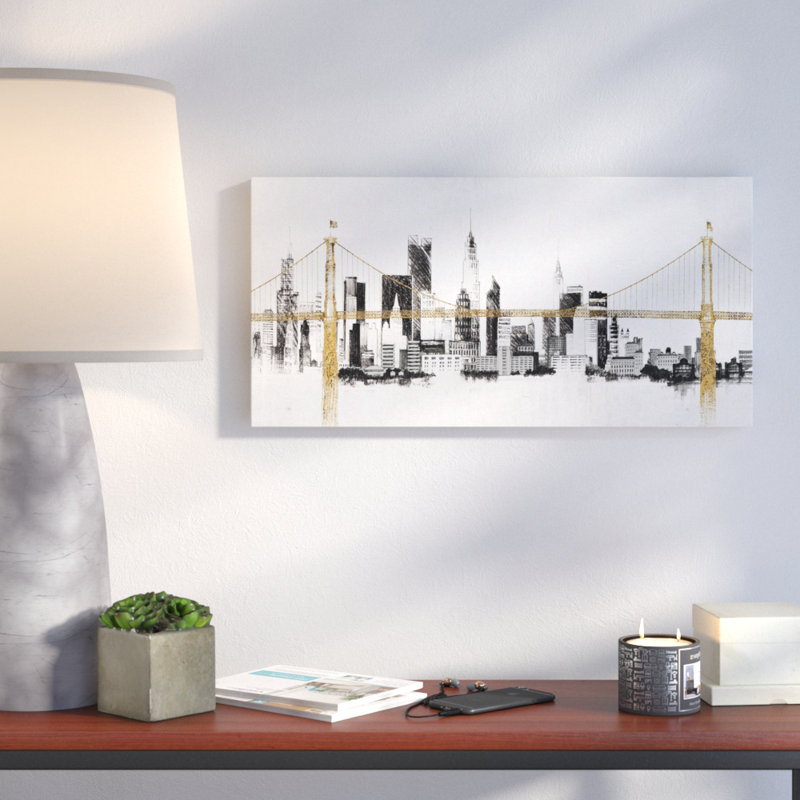 «Bridge And Skyline» par Avery Tillmon, art mural sur toile, H 20 po x l 40 po, Black/Gold