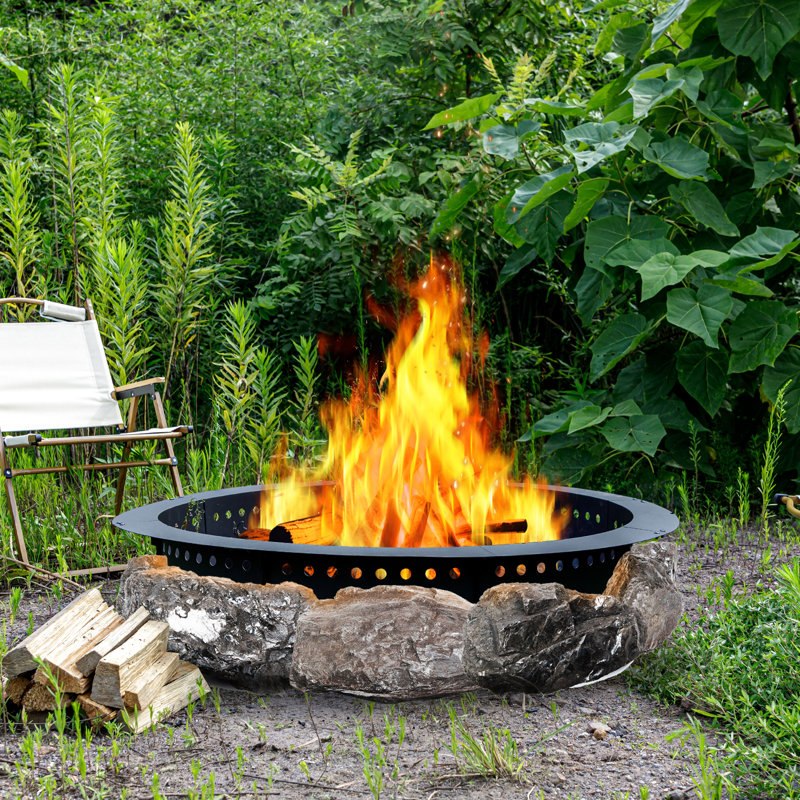 Samiron50" W X 10" H Iron Outdoor Fire Ring, Wood Burning Fire Pit Ring, 10" H x 50" W x 50" D