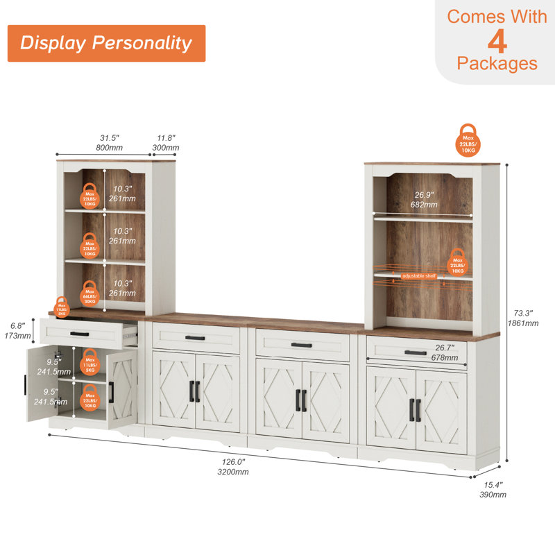 Glenford 4-In-1 73.3"H Tall Kitchen Pantry Storage Cabinet,Large Farmhouse Style Sideboard Buffet Cabinet Set Of 4 With Drawers And Shelves For Kitchen