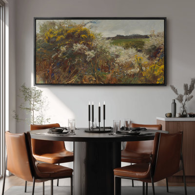 Framed Canvas Wall Art - Rustic Meadow Landscape with Expressive and Earth Tones - 16"x24", 24"x36"
