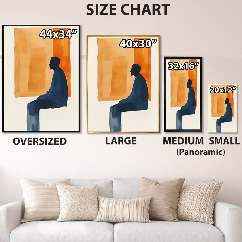 Réflexion silencieuse en position assise - Tableau sur toile avec silhouette orange, H 40 po x l 30 po, Cadre photo noir