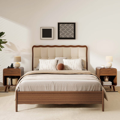 Angela Wood Nightstand Set of 2 with Charging Station, Bed Side Table Set of 2 with Charging Station, Round Corner Wood Night Stand, 15.7"D x 17.7"W x 23.6"H