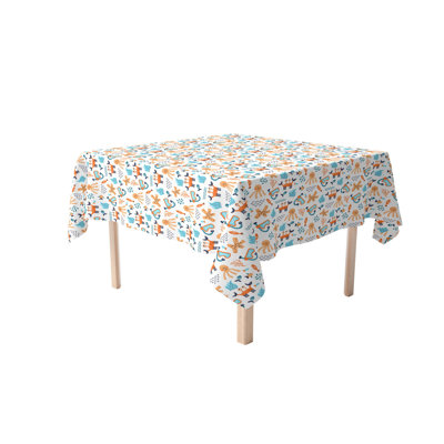 Rectangular Tablecloth, 100% Cotton, 52X104", Hand Drawn Marine Life