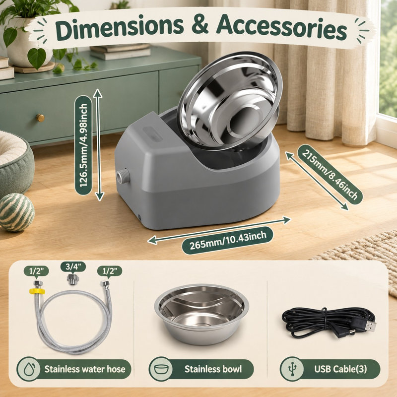 Distributeur d'eau automatique pour chiens, se connectant à une arrivée d'eau et utilisant l'alimentation USB pour remplir automatiquement la gamelle.