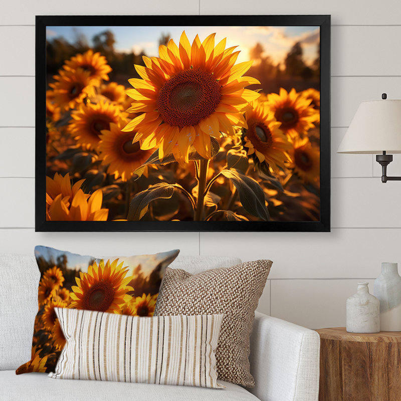 Tournesols orange et tournesols éclairés II, H 12 po x l 20 po x P 1 po, Cadre photo noir